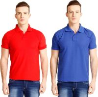 Nimya Solid Men's Polo Neck Red, Blue T-Shirt(Pack of 2)