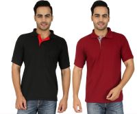 Nimya Solid Men's Polo Neck Black, Maroon T-Shirt(Pack of 2)