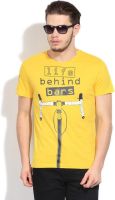People Printed Men's Round Neck Yellow T-Shirt