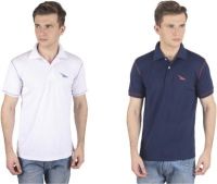 PRO Lapes Solid Men's Polo Neck White, Dark Blue T-Shirt(Pack of 2)
