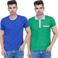 Stylogue Solid, Printed Men's Polo Neck, Round Neck Multicolor T-Shirt(Pack of 2)