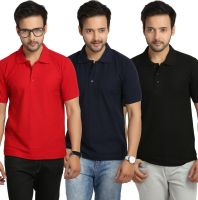 Weardo Solid Men's Polo Neck Black, Blue, Red T-Shirt(Pack of 3)