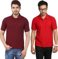 Weardo Solid Men's Polo Neck Red, Maroon T-Shirt(Pack of 2)