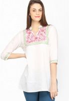 Globus White Embroidered Kurtis