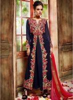 Inddus Navy Blue Embroidered Dress Material