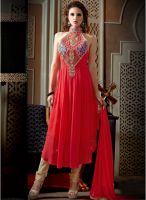 Inddus Red Embroidered Dress Material