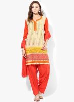 Jaipur Kurti Cotton Multicoloured Kurti With Orange Patiala Salwar And Duptta