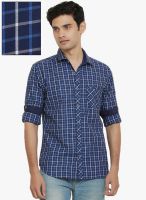 Orange Valley Navy Blue Checked Slim Fit Casual Shirt