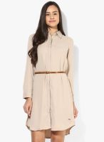 Pepe Jeans Beige Colored Solid Shift Dress With Belt