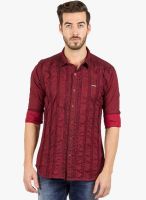 R&C Maroon Printed Slim Fit Casual Shirt