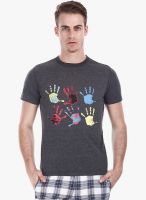 Zobello Grey Printed Round Neck T-Shirt