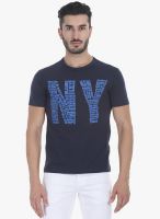 Zobello Navy Blue Printed Round Neck T-Shirt