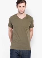 Highlander Olive Solid V Neck T-Shirts