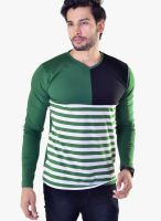 Avoir Envie Green Striped V Neck T-Shirts