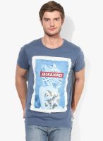 Jack & Jones Blue Printed Round Neck T-Shirt