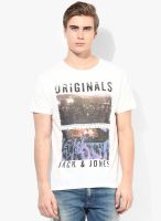 Jack & Jones White Printed Round Neck T-Shirt