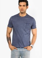 Peter England Blue Solid Round Neck T-Shirts