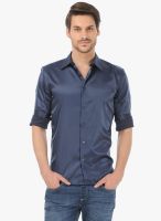 Basics Navy Blue Solid Slim Fit Casual Shirt