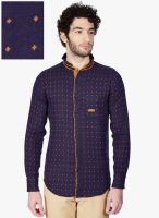 Vintage Navy Blue Printed Slim Fit Casual Shirt