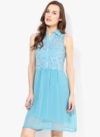 AND Blue Colored Solid Skater Dress