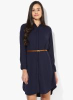 Pepe Jeans Blue Colored Solid Shift Dress With Belt