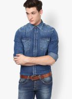 Gas Blue Washed Slim Fit Casual Shirt