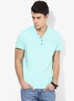 Tom Tailor Aqua Blue Solid Henley Neck T-Shirt