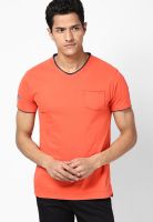 Mufti Red Solid V Neck T-Shirts