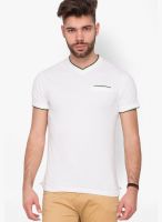 Mufti White Solid V Neck T-Shirt