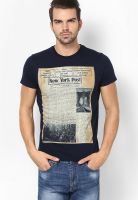 Indian Terrain Navy Blue Solid Round Neck T-Shirts