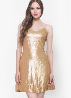 Faballey Golden Colored Solid Skater Dress