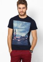 Indian Terrain Navy Blue Solid Round Neck T-Shirts