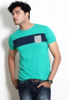 Basics Aqua Blue Striped Round Neck T-Shirt