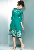 Inddus Green Colored Embroidered Skater Dress