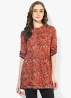 Sangria Center Front Pleated Kurta With Solid Contrast Detail