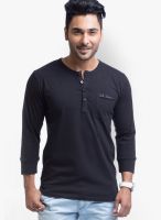 Cult Fiction Navy Blue Solid Henley T-Shirts