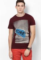 Jack & Jones Maroon Printed Round Neck T-Shirts