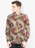 Ed Hardy Khaki Printed Slim Fit Casual Shirt