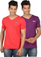 Poshuis Solid Men's V-neck Red, Purple T-Shirt(Pack of 2)