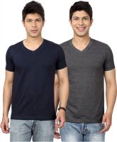 Top Notch Solid Men's V-neck Dark Blue, Grey T-Shirt(Pack of 2)