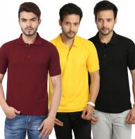 Weardo Solid Men's Polo Neck Black, Yellow, Maroon T-Shirt(Pack of 3)