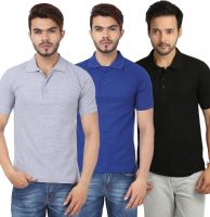Weardo Solid Men's Polo Neck Black, Blue, Grey T-Shirt(Pack of 3)