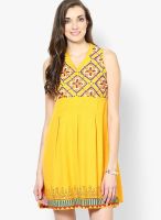 Global Desi Mustard Yellow Colored Embroidered Skater Dress