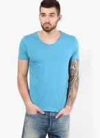 Jack & Jones Blue Solid V Neck T-Shirts