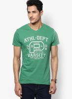Pepe Jeans Green Solid V Neck T-Shirts