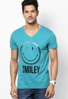 Smiley Aqua Blue Printed V Neck T-Shirts