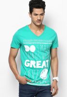 Smiley Green Printed V Neck T-Shirts