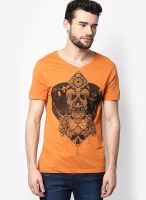 Smiley Orange Printed V Neck T-Shirts