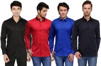Feed Up Men's Solid Casual Black, Red, Blue, Dark Blue Shirt(Pack of 4)