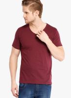 Highlander Maroon Solid V Neck TShirts